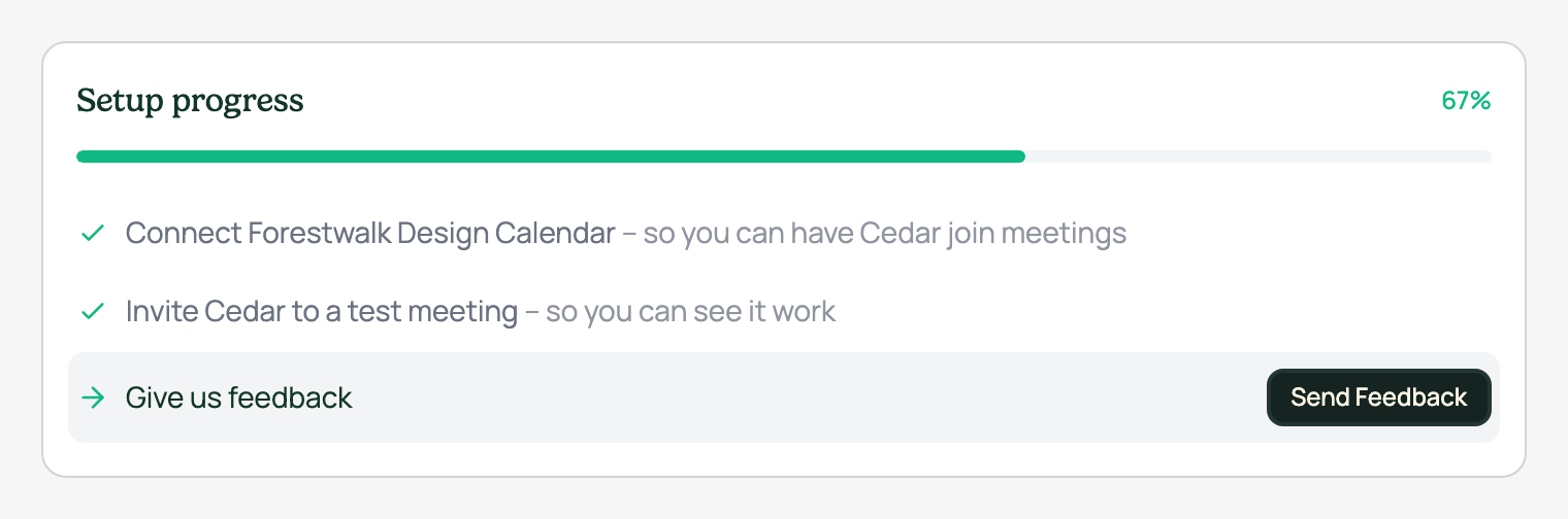 Before · Setup checklist, Send Feedback step (xs)